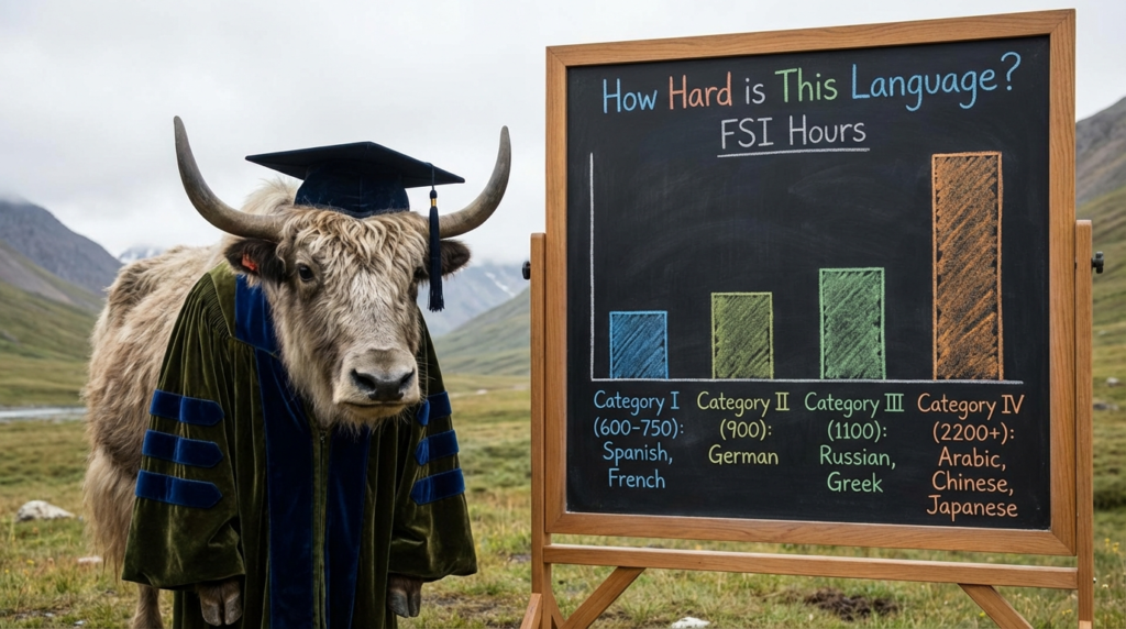 Realistic yak teacher referencing a neat hours chart with the title “How Hard Is This Language? (FSI Hours)”.