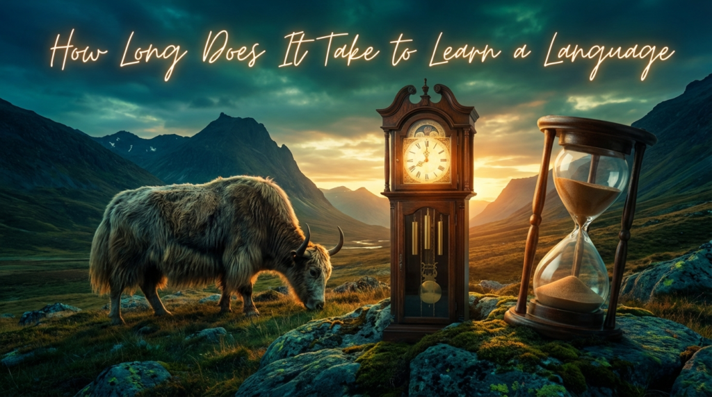 Realistic yak teacher beside a simple timeline graphic under the title “How Long Does It Take to Learn a Language?”.