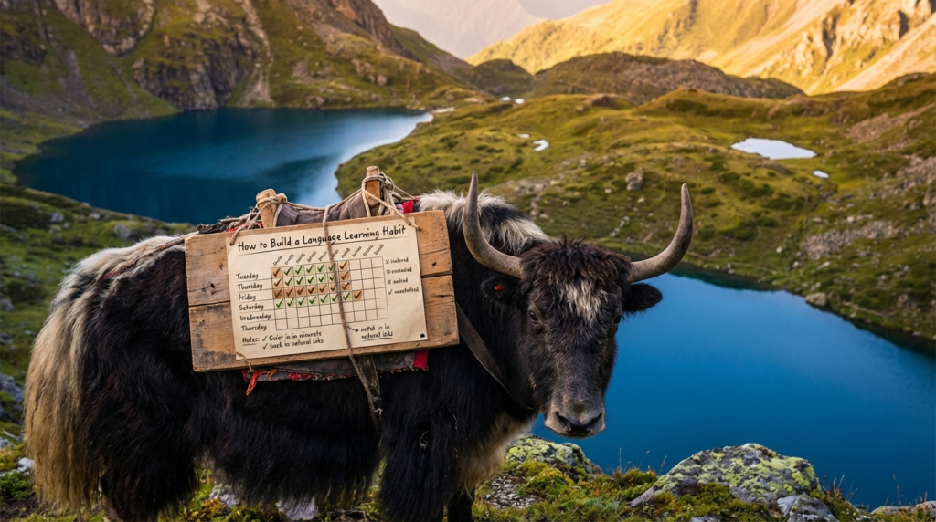 Realistic yak teacher marking a habit calendar under the title “How to Build a Language Learning Habit”.