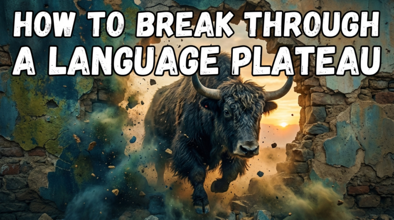Realistic yak teacher indicating a progress step-up graphic under “How to Break Through a Language Plateau”.