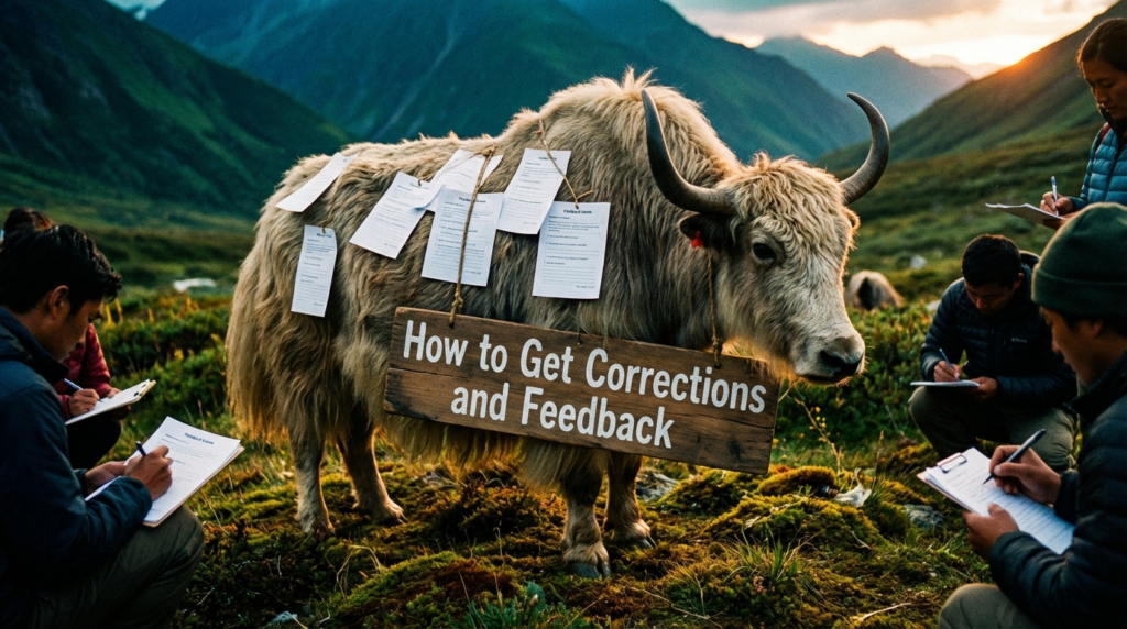 Realistic yak teacher reviewing a marked-up page beside “How to Get Corrections and Feedback”.