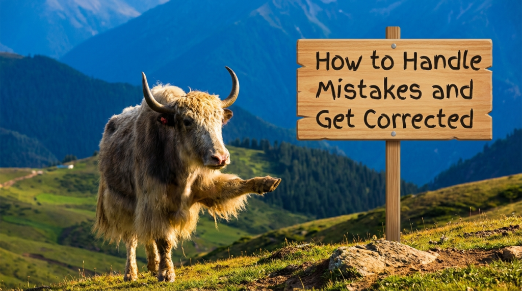 Realistic yak teacher with a friendly “learning from errors” board titled “How to Handle Mistakes and Get Corrected”.