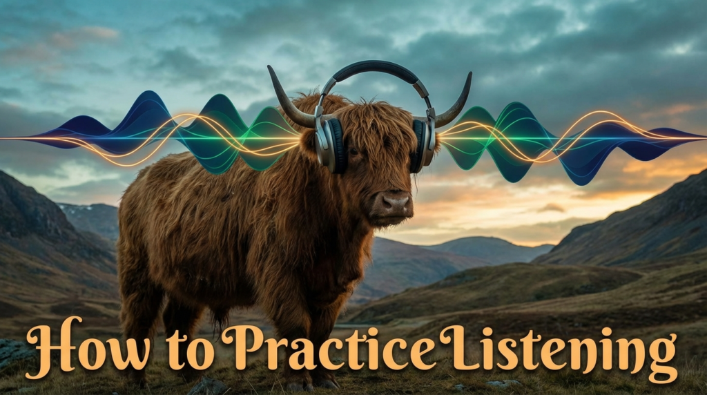 Realistic yak teacher wearing headphones, highlighting “How to Practice Listening” on a simple lesson board.