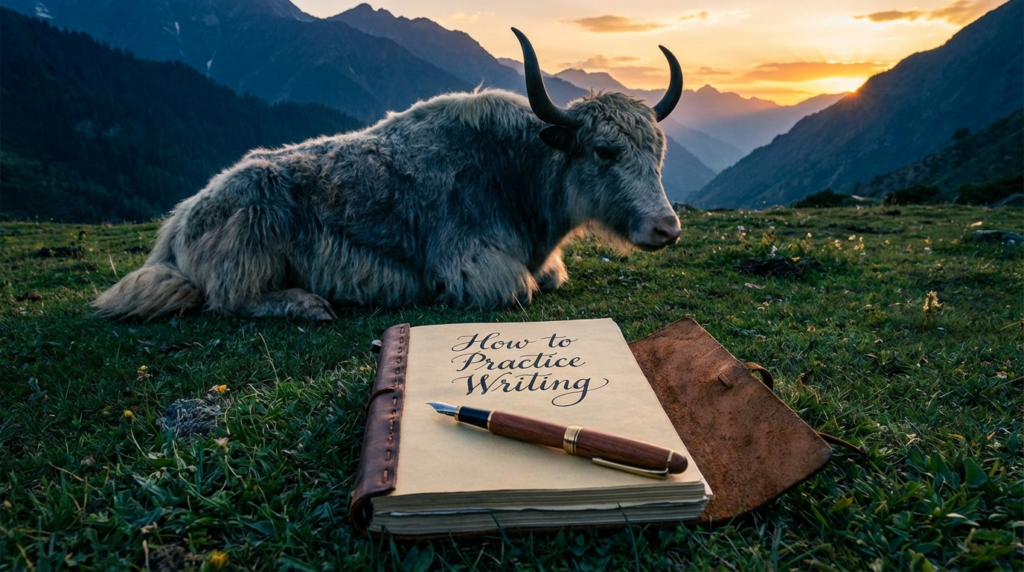 Realistic yak teacher writing in a notebook, featuring “How to Practice Writing” on a simple classroom sign.