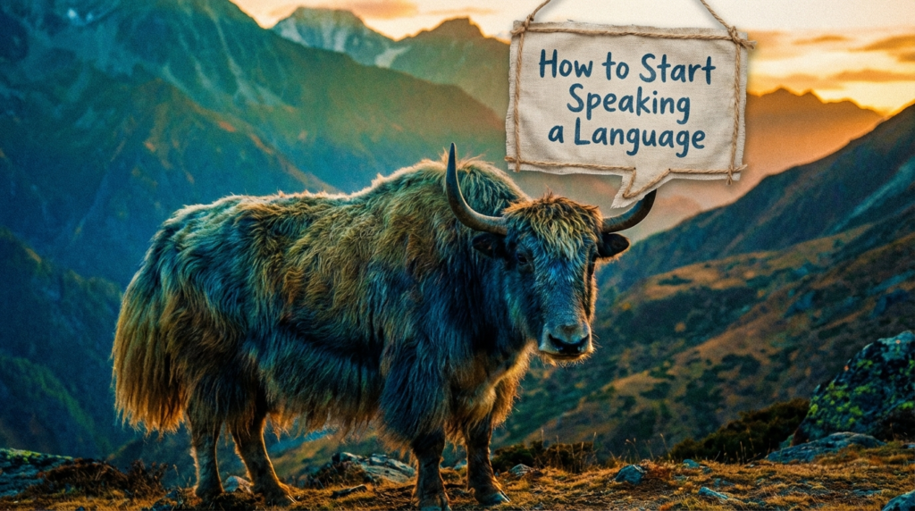 Realistic yak teacher with conversation cards, showing the title “How to Start Speaking a Language”.
