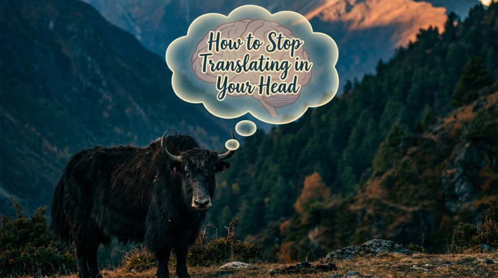 Realistic yak teacher pointing to a “direct meaning” diagram under “How to Stop Translating in Your Head”.