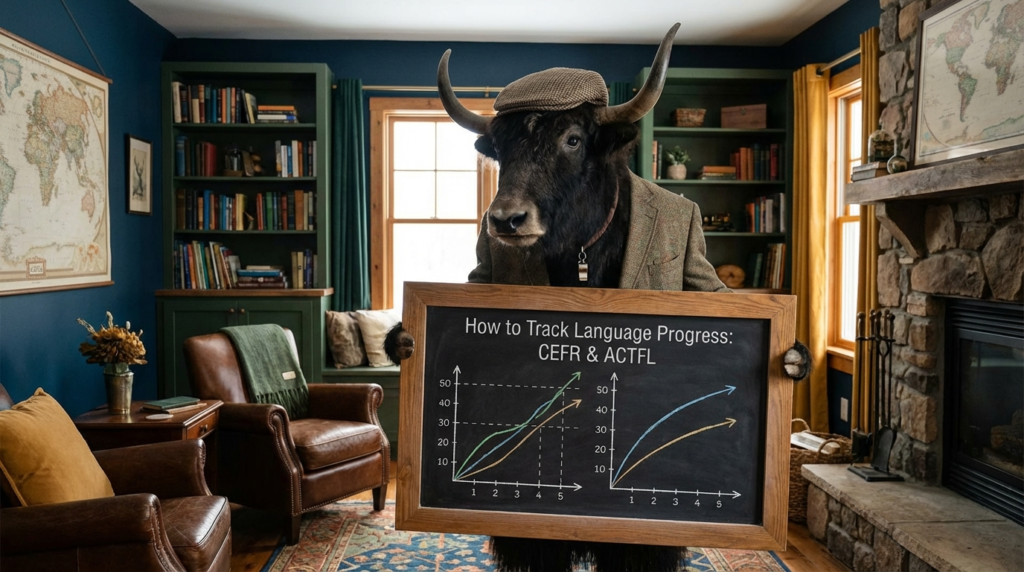 Realistic yak teacher holding a progress sheet with level badges beside “How to Track Language Progress (CEFR / ACTFL)”.
