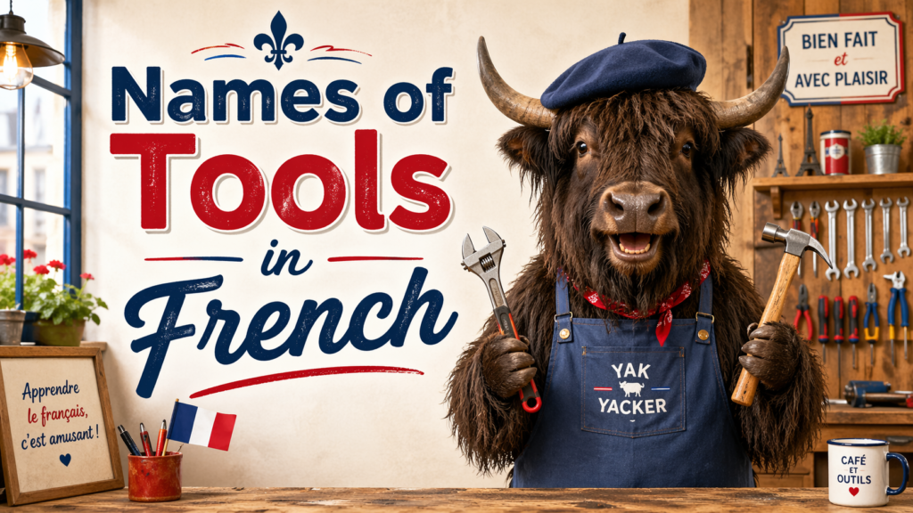 A personified yak French teacher that teaches French tool names for DIY, repairs, and shopping.