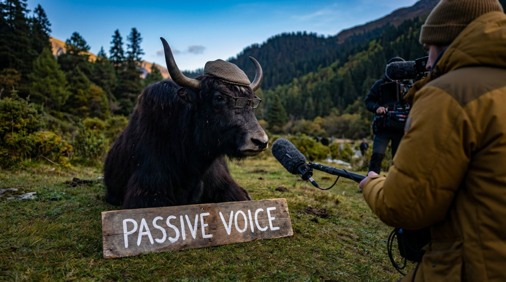 A personified yak English teacher that explains passive voice with easy rules, tense examples, and practice sentences.