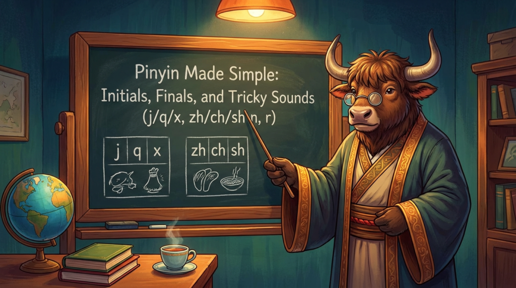A personified yak Chinese teacher that explains pinyin initials and finals with tricky sounds j q x zh ch sh r.