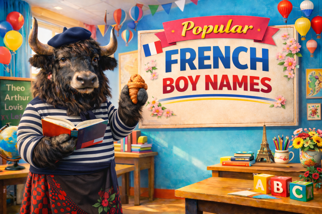 A personified yak French teacher that teaches popular French boy names with meanings, pronunciation, and examples.