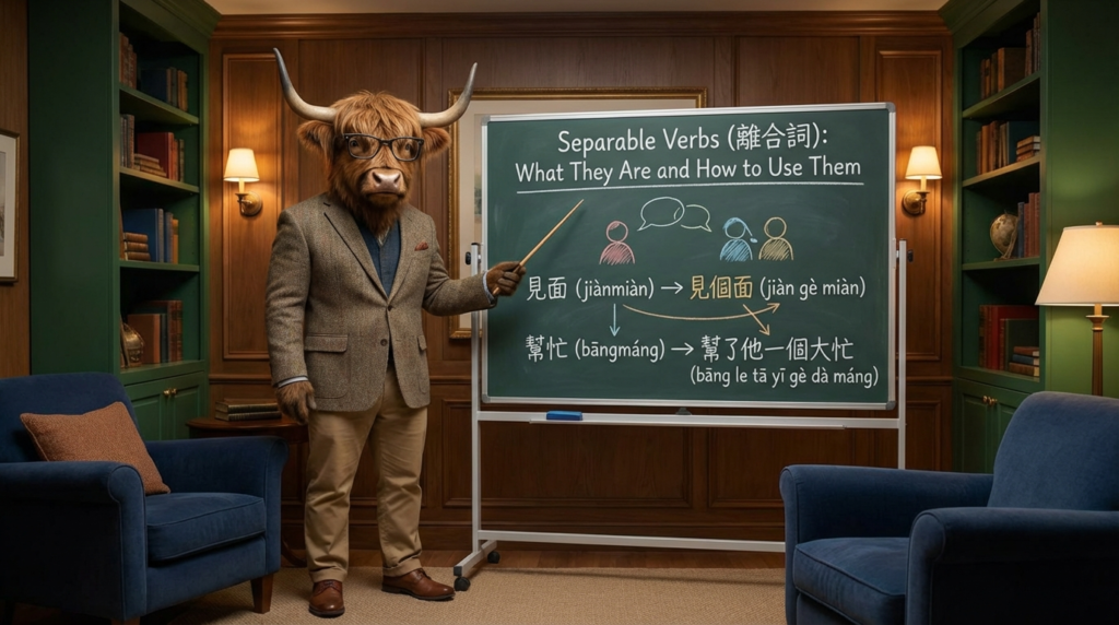 A yak teacher showing how separable verbs in traditional chinese work
