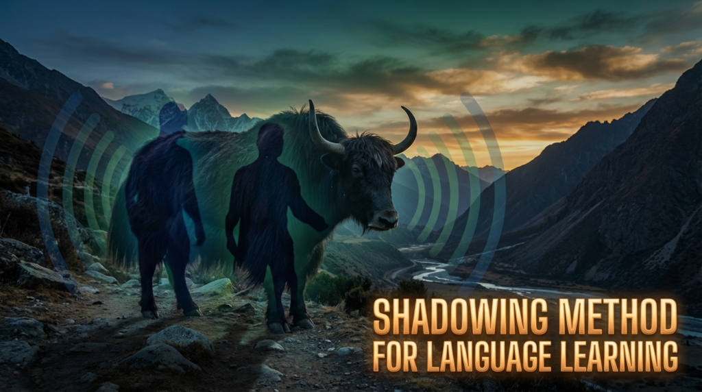 Realistic yak teacher following audio waves, with “Shadowing Method for Language Learning” displayed clearly.