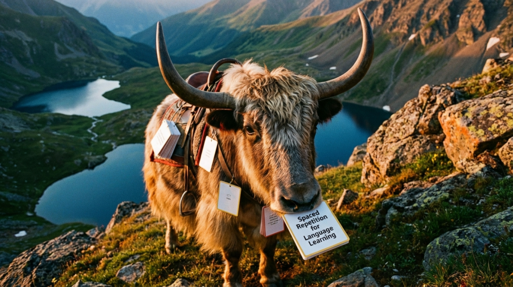 Realistic yak teacher demonstrating a spaced review schedule beside “Spaced Repetition for Language Learning”.