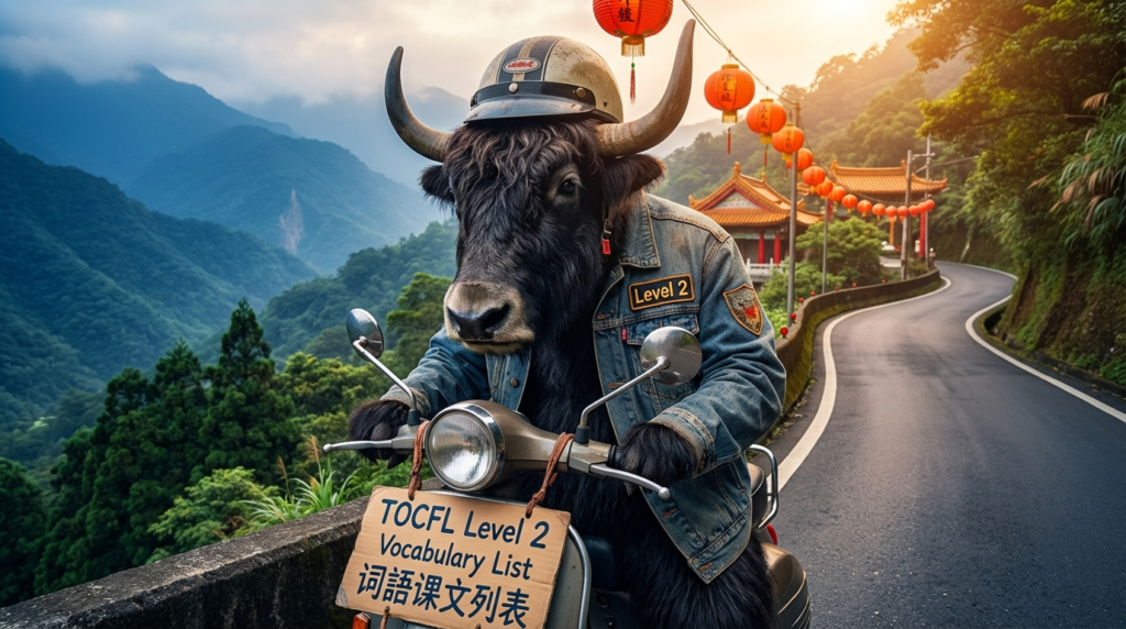 A personified yak Chinese teacher that teaches TOCFL Level 2 vocabulary list in Traditional Chinese with pinyin and example sentences.