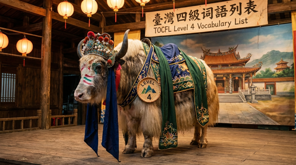 A personified yak Chinese teacher that teaches TOCFL Level 4 vocabulary list in Traditional Chinese with pinyin and examples.