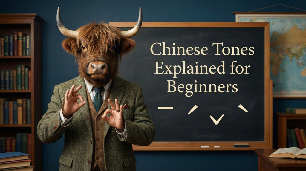 A personified yak Chinese teacher that explains Traditional Chinese tones for beginners with the 4 tones, neutral tone, and tone changes.