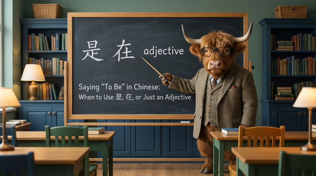 A personified yak Chinese teacher that explains when to use 是, 在, or adjective for “to be” in Traditional Chinese.