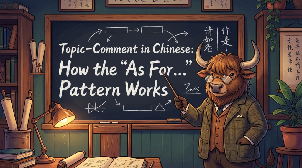 A personified yak Chinese teacher that explains the Traditional Chinese “as for” pattern (topic–comment) with 至於 / 關於 / 呢.