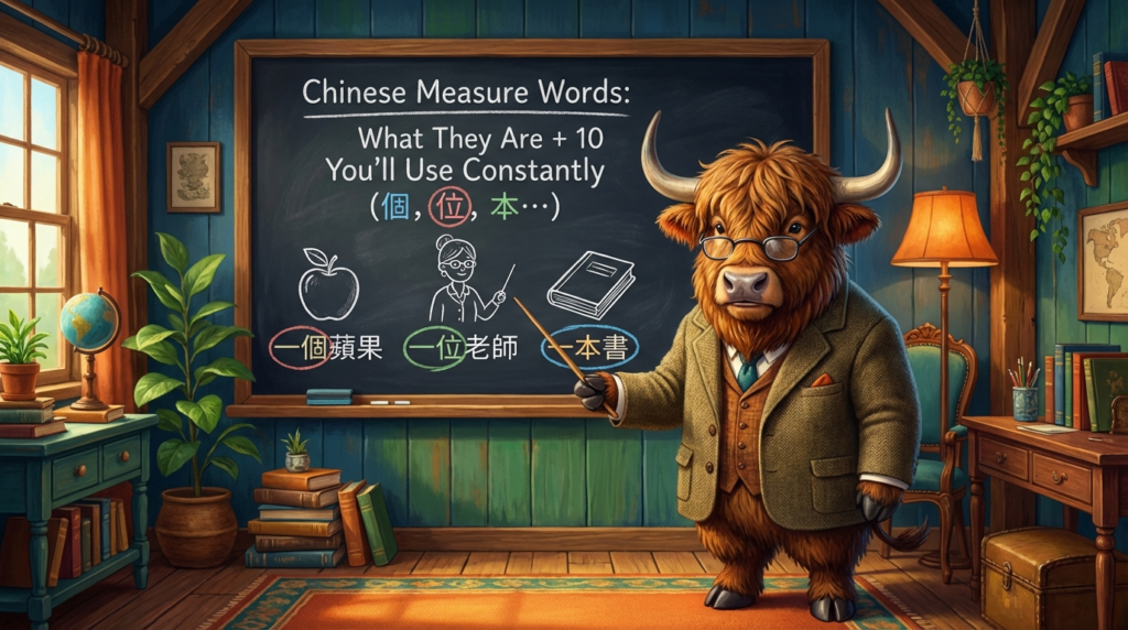 A personified yak Chinese teacher that explains Traditional Chinese measure words like 個, 位, 本 with real-life examples.