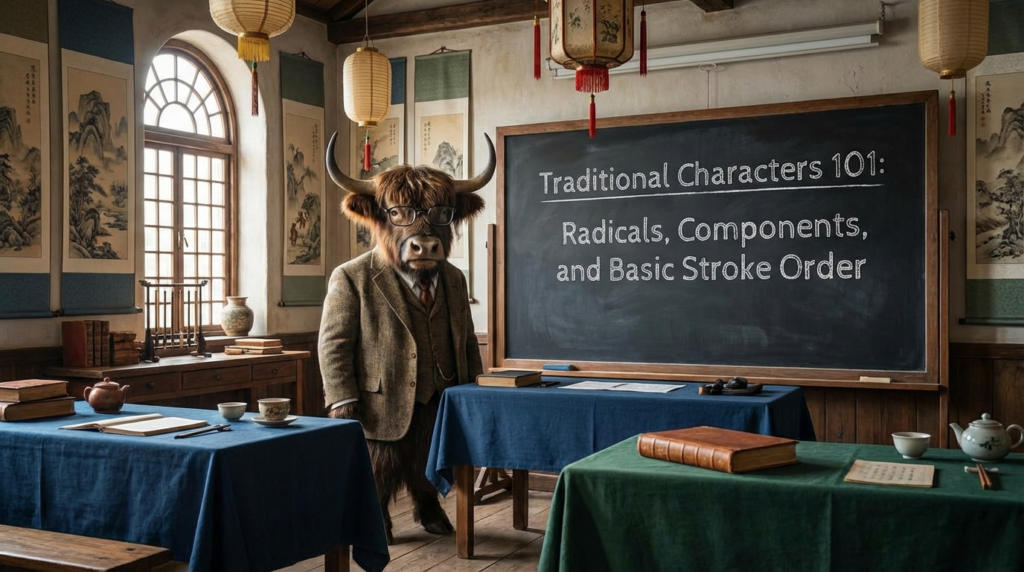 A personified yak Chinese teacher that explains Traditional Chinese radicals, components, and basic stroke order.