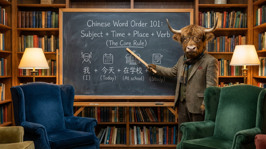 A personified yak Chinese teacher that explains Traditional Chinese word order with Subject Time Place Verb.