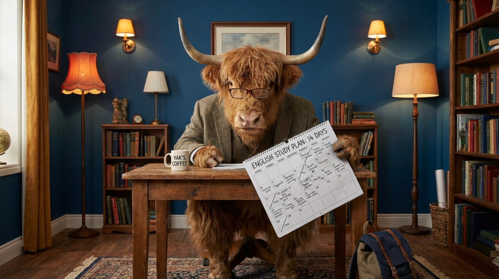 A personified yak English teacher that guides a 14-day English study plan with a simple daily routine and practice.