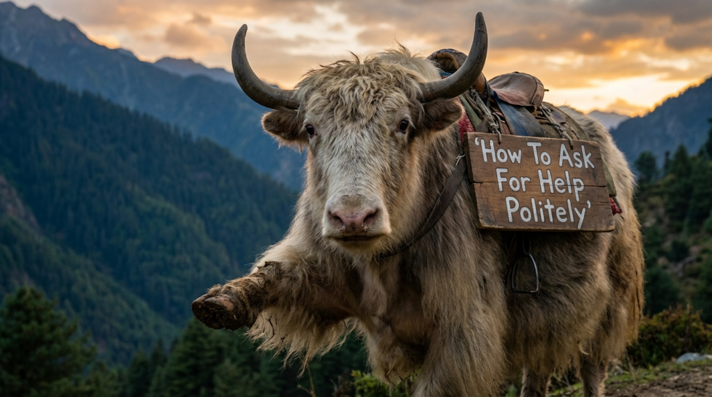 A personified yak English teacher that teaches how to ask for help politely in English with easy phrases.