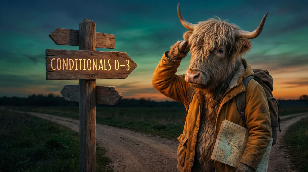 A personified yak English teacher that explains English conditionals 0 1 2 3 with simple rules and real-life examples.