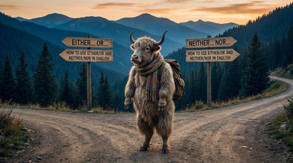 A personified yak English teacher that explains how to use either/or and neither/nor in American English with real-life examples.