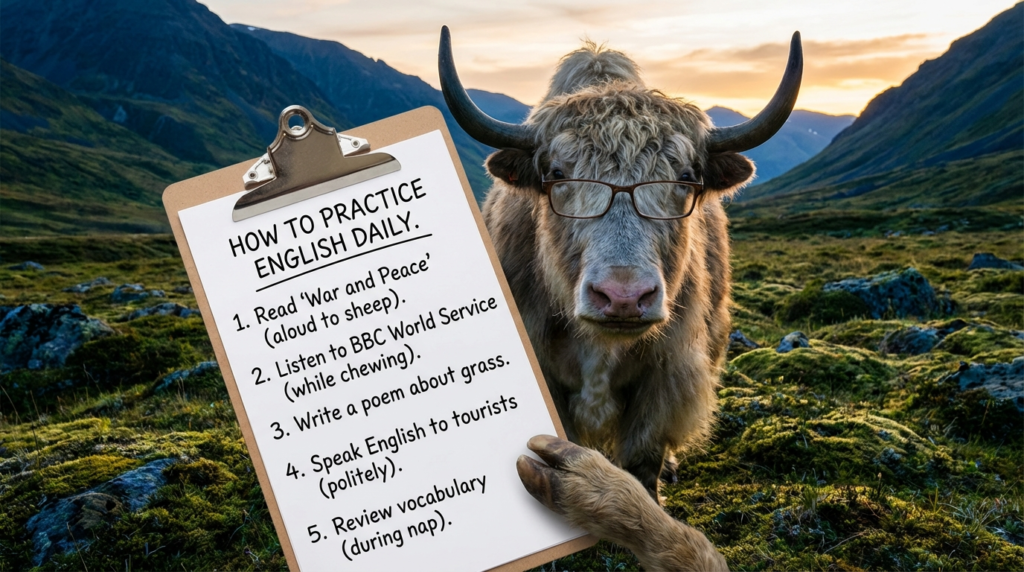 A personified yak English teacher that shows a daily English practice routine with speaking, listening, reading, and writing.