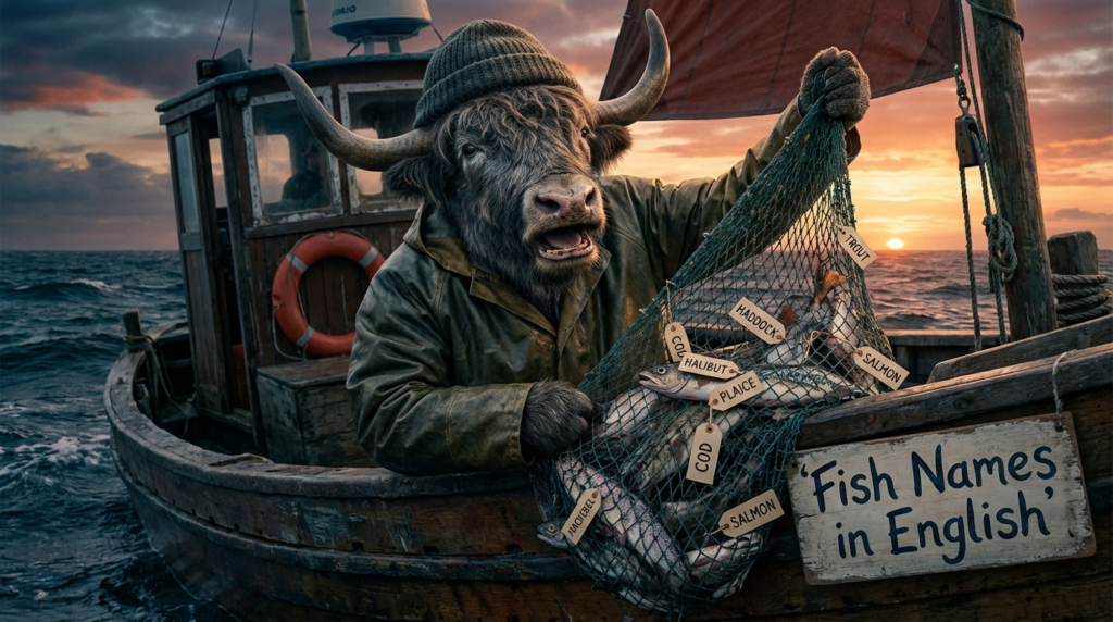 A personified yak English teacher that teaches fish names in English with real-life sentences and fishing vocabulary.