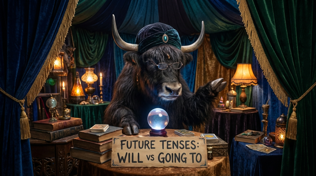 A personified yak English teacher that explains will vs going to future tense with simple rules and real-life examples.