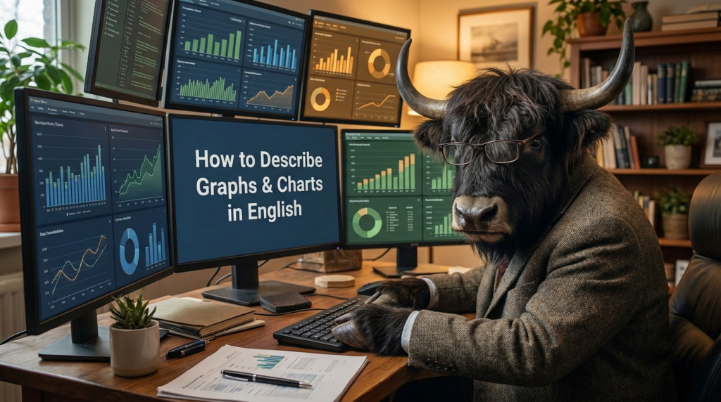 A personified yak English teacher that teaches how to describe graphs and charts in English with clear vocabulary and example sentences.