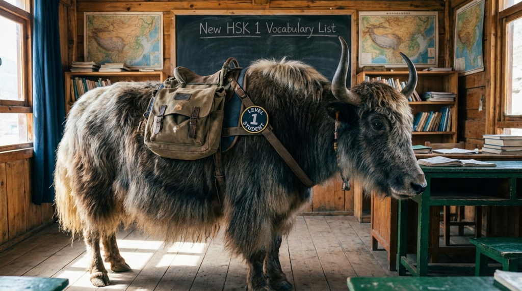 A yak teacher pointing to the HSK 1 vocabulary list