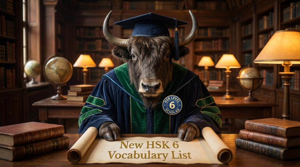 A personified yak Chinese teacher that teaches HSK 6 vocabulary list with pinyin, traditional characters, and parts of speech.