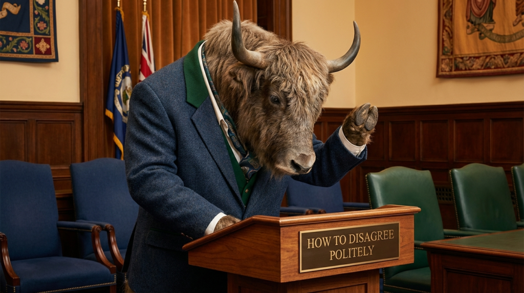 A personified yak English teacher that teaches how to disagree politely in English with real-life phrases.