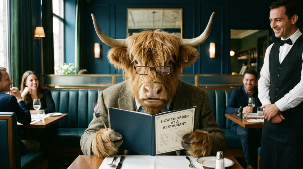 A personified yak English teacher that teaches how to order at a restaurant in English with polite restaurant phrases and real dialogues.