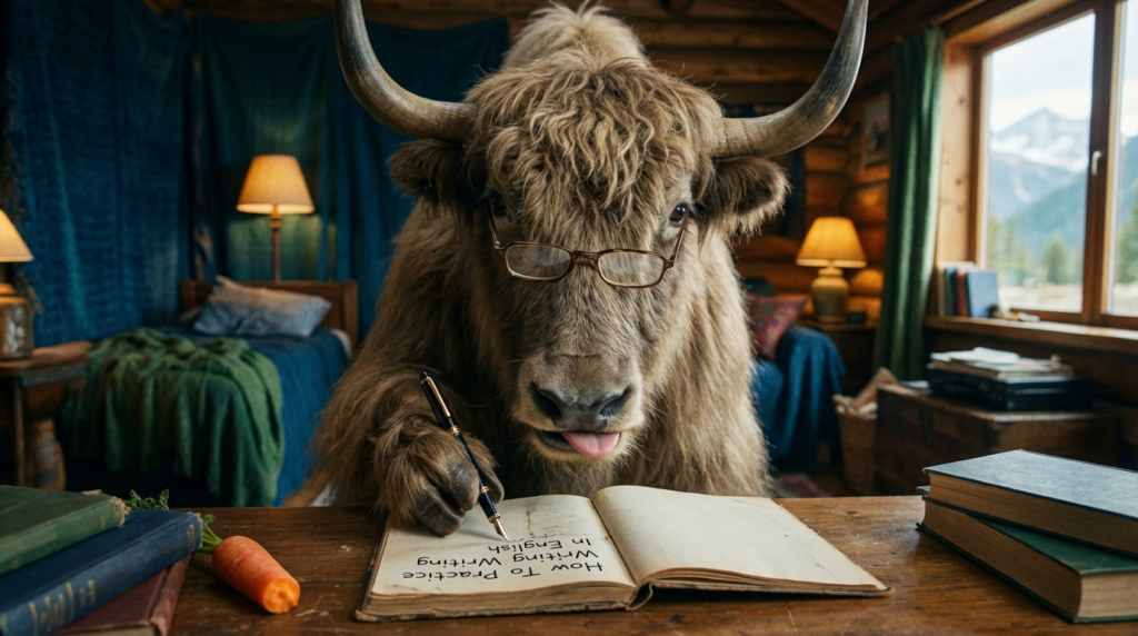 A personified yak English teacher that teaches English writing practice with daily prompts, editing tips, and simple routines.