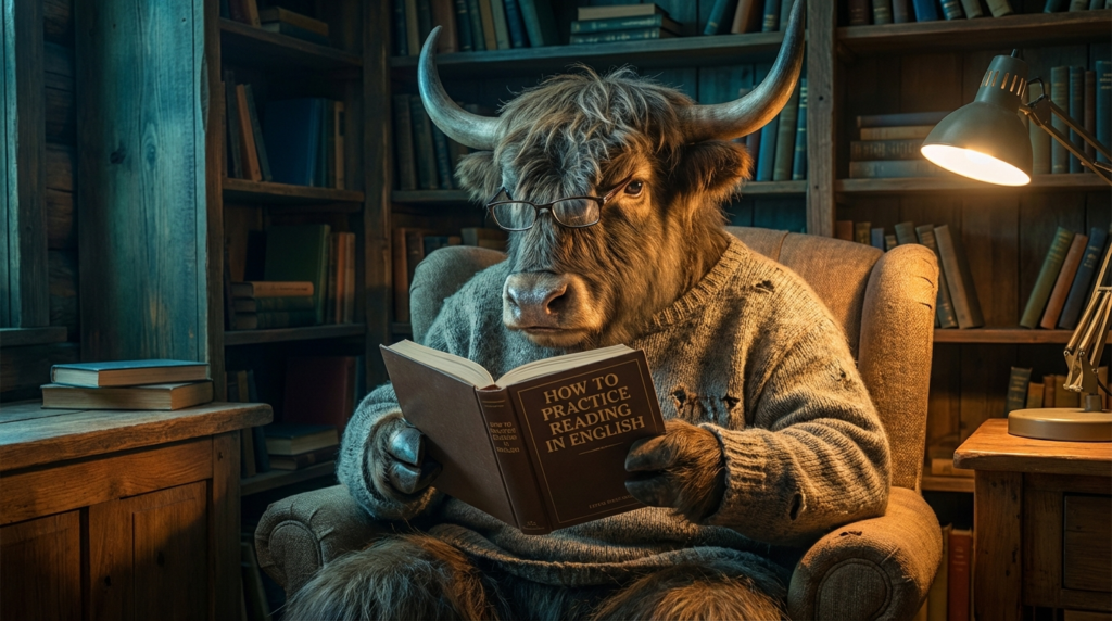 A personified yak English teacher that teaches how to practice reading in English with simple daily routines and real-life examples.
