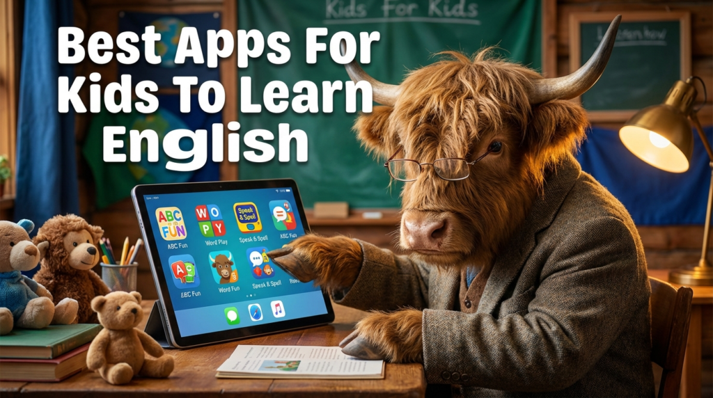 A personified yak English teacher that shows the best English learning apps for kids, highlighting Studycat Learn English.