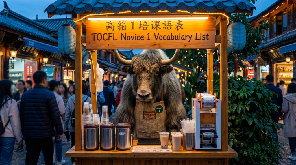A personified yak Chinese teacher that teaches TOCFL Novice 1 vocabulary list in Traditional Chinese with pinyin.