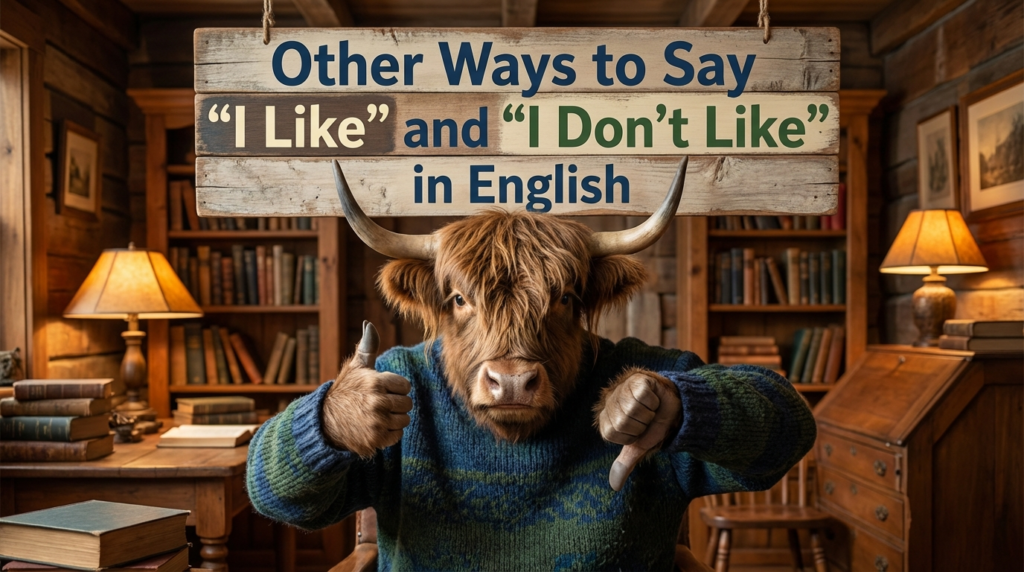 A personified yak English teacher that teaches other ways to say I like and I don't like in American English.