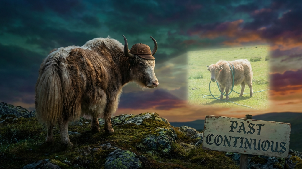 A personified yak English teacher that explains the past continuous tense with simple examples.