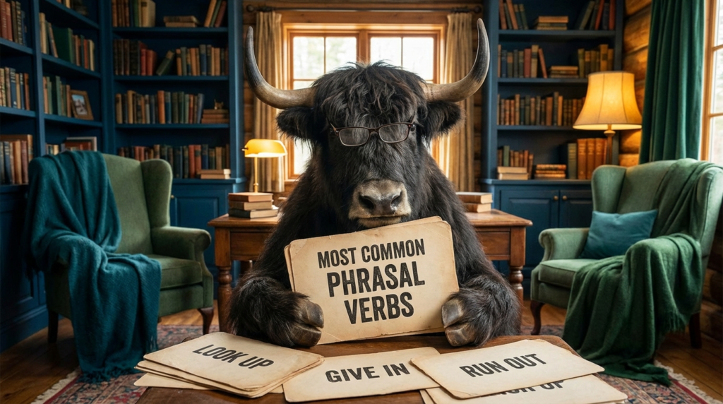 A personified yak English teacher that teaches the most common phrasal verbs with meanings and examples.