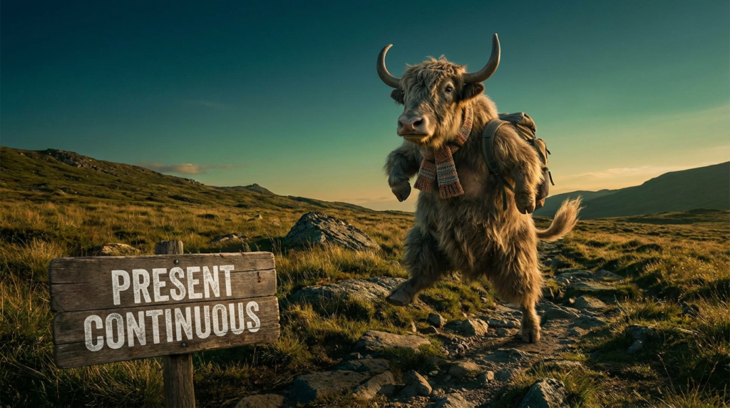 A personified yak English teacher that explains present continuous tense rules with real-life examples.