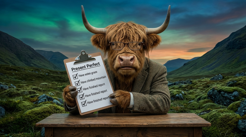 A personified yak English teacher that explains English present perfect tense with have/has plus past participle.