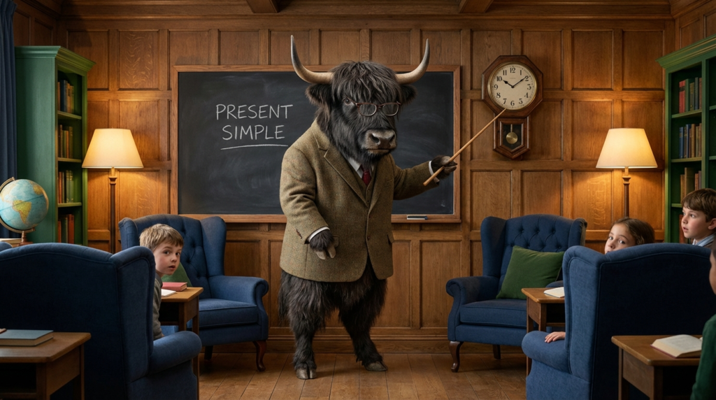 A personified yak English teacher that explains the present simple tense with easy rules and examples.