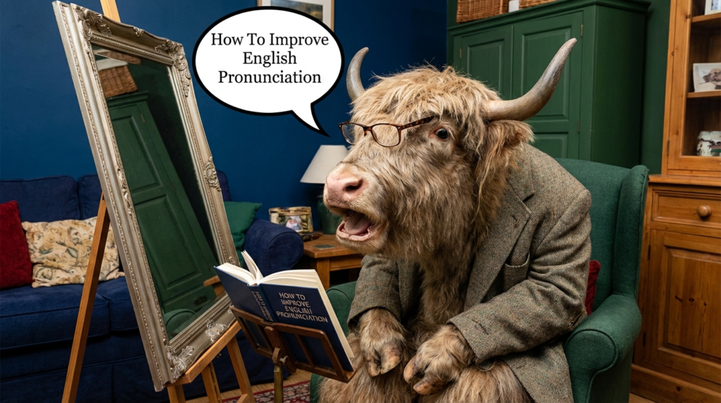 A personified yak English teacher that teaches how to improve English pronunciation with simple daily practice and mouth tips.