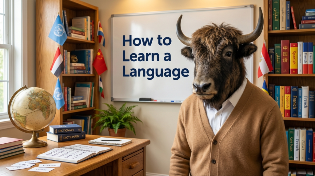 Realistic yak teacher pointing to a board that says “How to Learn a Language (Master Guide)”.